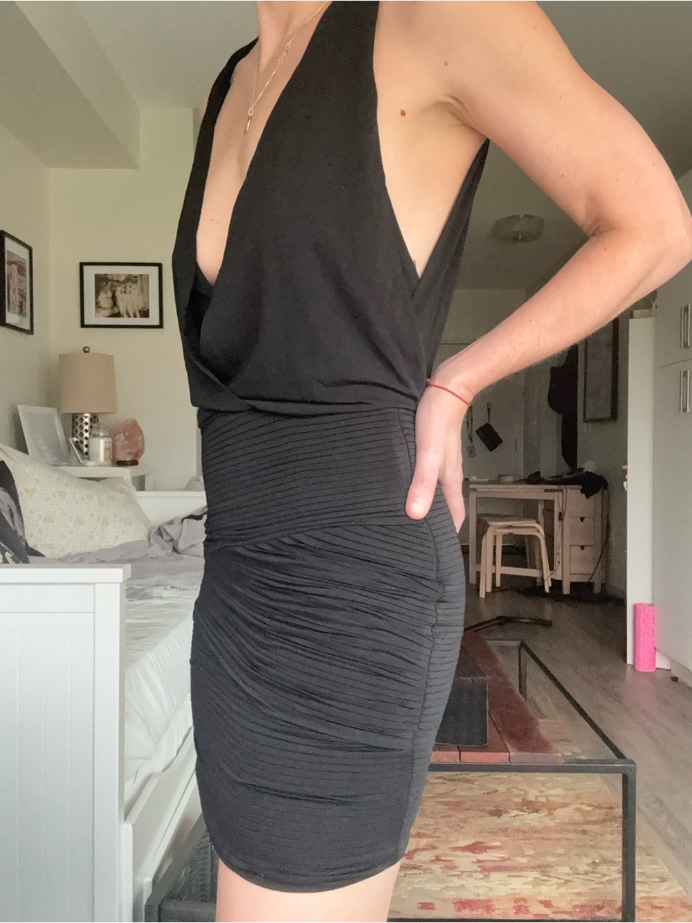 BCBGMaxAzria Black Plunging V-Neck Ruched Mini Dress - Picture 4 of 11